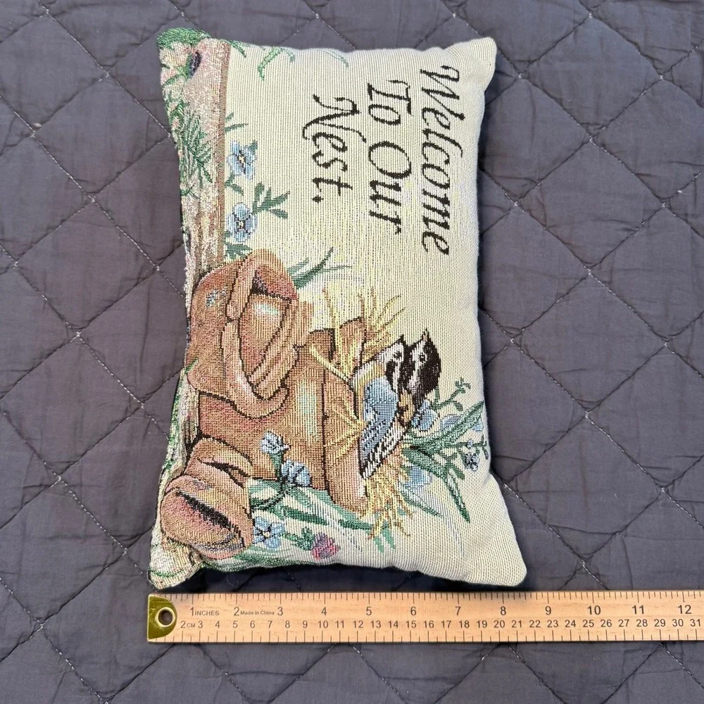 Vintage Needlepoint Bird Welcome‎ Pillow Cottage Farmhouse Decor Cozy Rustic